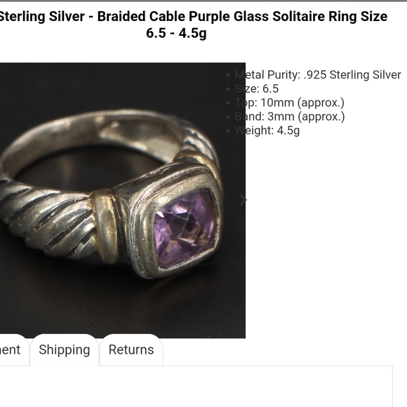 VTG Sterling Silver w gold accent braided rope ring 6.5 Purple Crystal Stone - Picture 9 of 9